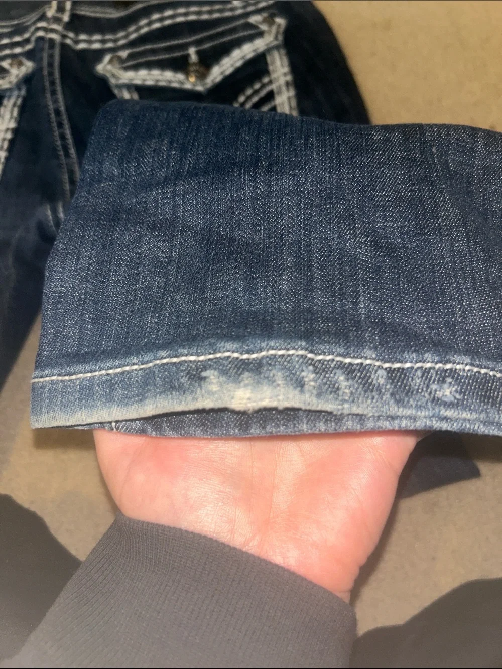 LA IDOL Jeans Dark Blue Flared Women's denim Vintage White Contrast Stitching - Picture 6 of 7